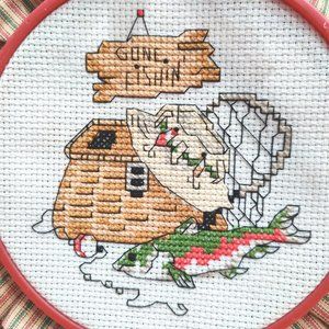 VTG Dimensions 1997 Fishin Time Gone Fishin' Completed Counted Cross Stitch 6.5"